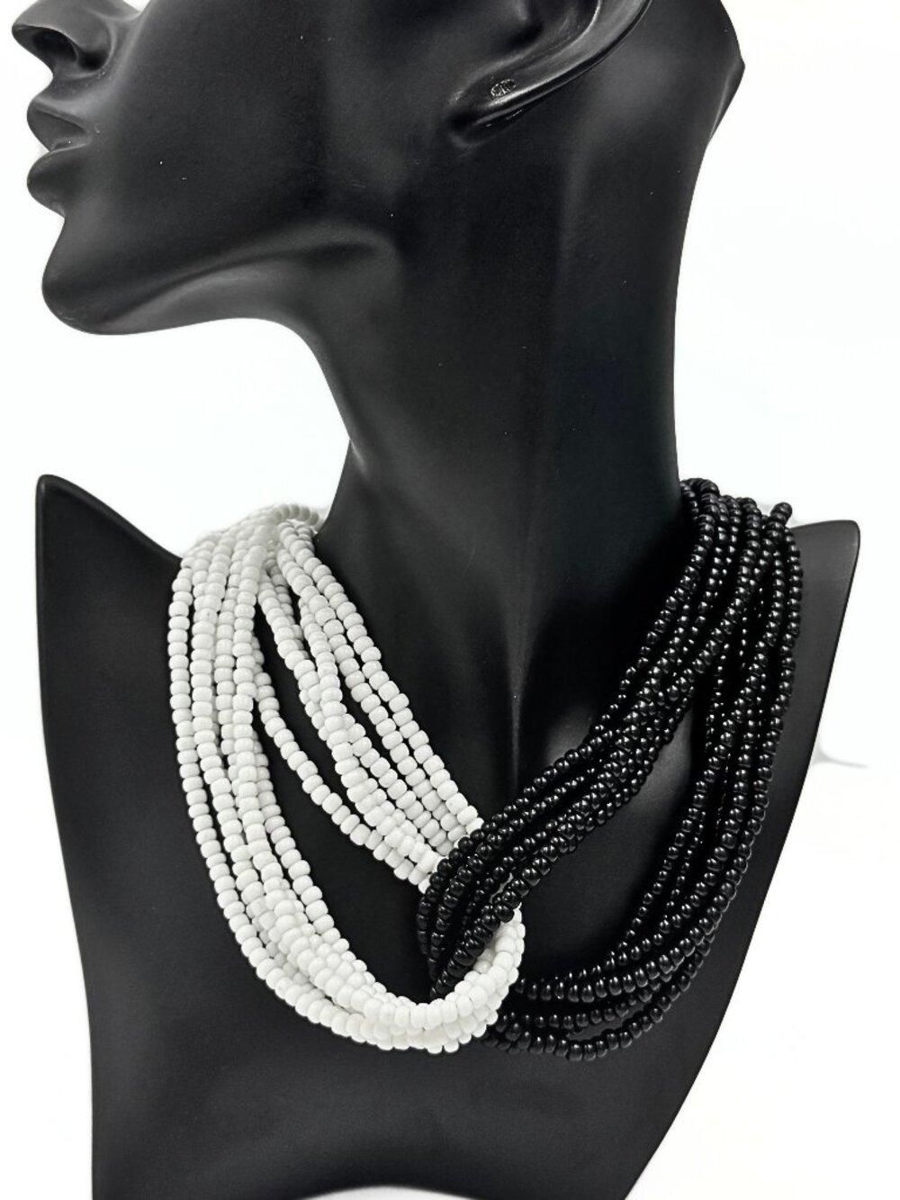 Monet Designer Signed White Black Glass Seed Beads Multi Strand Torsade Necklace